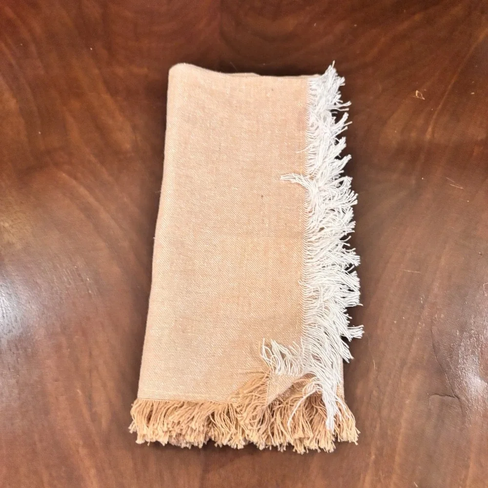 Set of 4 Quality Living Fringed Cloth Napkins Beige Tan Cotton Blend 18x18